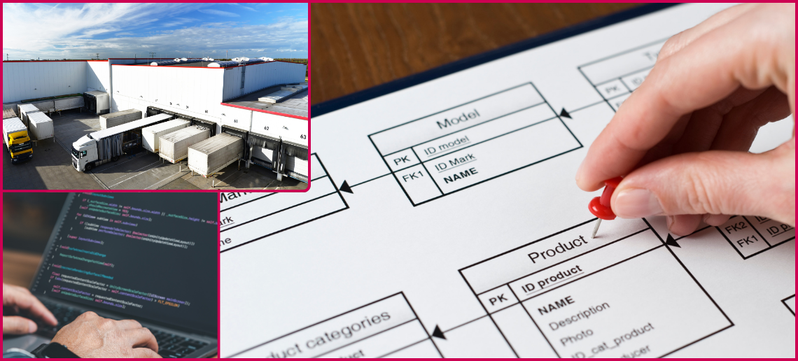 Foto-Collage eines Lagers mit Lkw, einem Projektdiagramm auf einem Tisch und einer Person, die codiert.