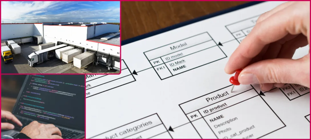Foto-Collage eines Lagers mit Lkw, einem Projektdiagramm auf einem Tisch und einer Person, die codiert.